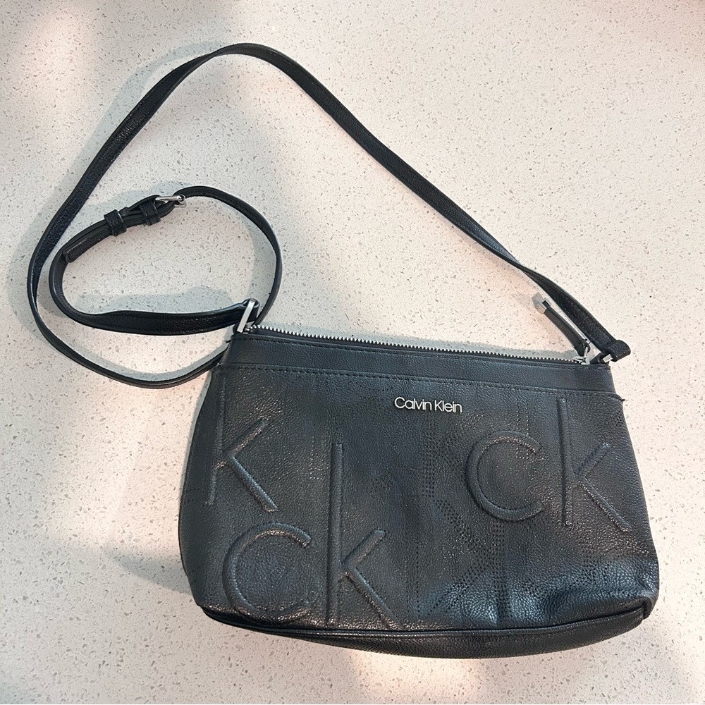 Calvin Klein Black Crossbody Purse Embossed CK Vegan Leather Bag Zipper Top